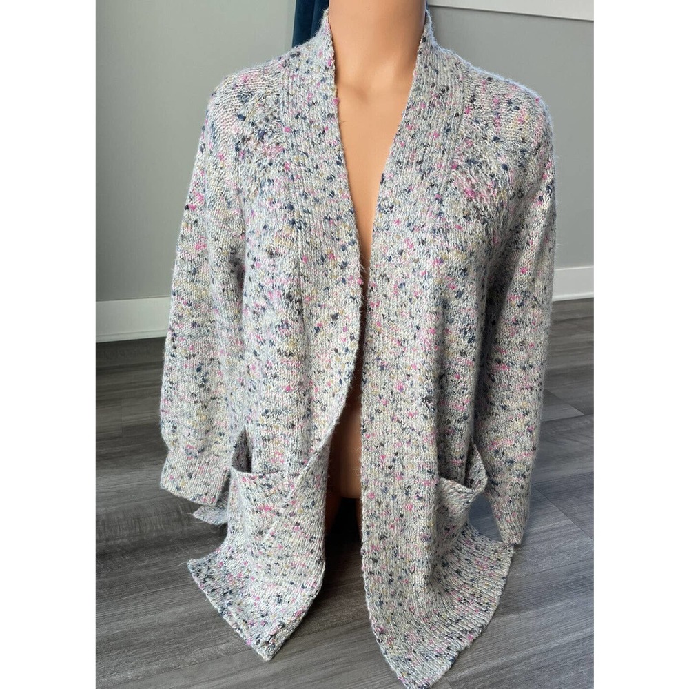 Tribal Gray Speckled Cardigan Sweater M Open Draped Soft Pockets